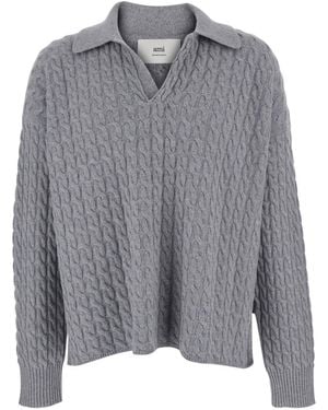 Ami Paris Polo Shirt With Woven Design - Gray