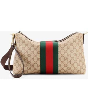 Gucci Gg Canvas Crossbody Bag With Nastro Web On The Front - Natural