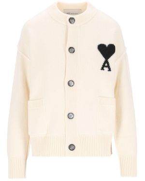 Ami Paris Ami Wool Ami De Coeur Cardigan - Natural