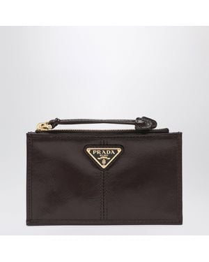Prada Dark Calf Leather Zip Card Holder - Black