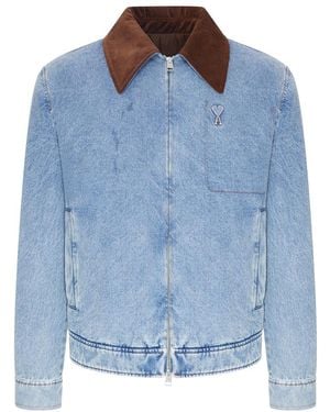 Ami Paris Ami De Coeur Denim Jacket With Contrast Collar - Blue