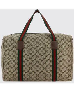 Gucci Monogram Gg Supreme Fabric Duffle Bag With Double Handle - Brown