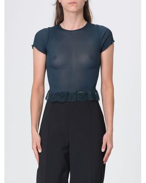 Saint Laurent Cropped Sheer Silk Top With Short Sleeves And Lace Inserts - Blue