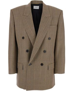 Saint Laurent Veste Tailleur A Col Pointu Prince De Galles - Natural