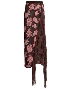 Etro Long Cotton Blend Jacquard Skirt With Fringe And Floral Pattern - Red