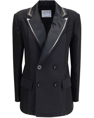 ボトムスその他 Sacai Double-Breasted Black Jacket With Sheer Black Layered Jacket by sacai on Sale