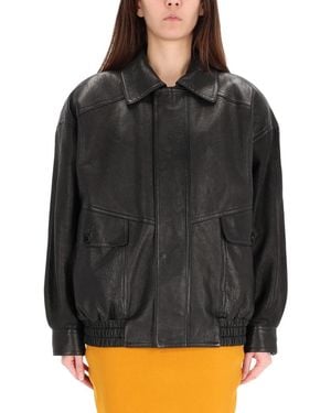 Saint Laurent Balloon Fit Lamb Leather Bomber Jacket, Fw25 - Gray