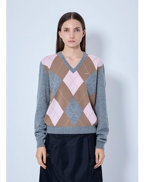 Prada Argyle V-Neck Sweater - Blue