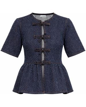 Ganni Textured Round Neck Top - Blue