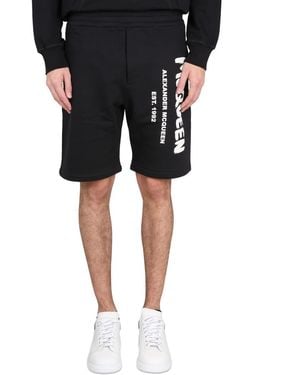 McQueen Bermuda Shorts With Graffiti Logo Print - Black