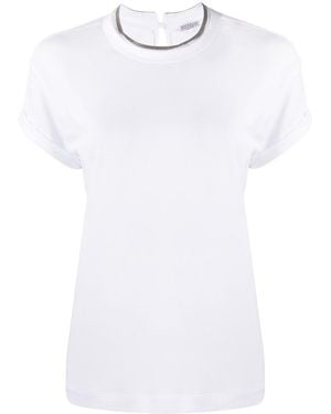 Brunello Cucinelli Embroidered Collar Cotton T-Shirt - White