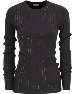 Brunello Cucinelli Cotton Jersey T-Shirt With Dazzling Chalk Stripe Embroidery - Black