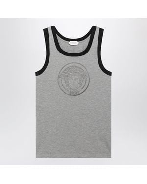 Versace Light Cotton Jersey Tshirt With Logo Print - Gray