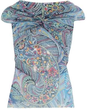 Etro Semi-Sheer Straight Neck Patterned Top - Blue