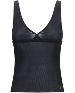 Saint Laurent Ribbed Silk Jersey Lace-Trim Tank Top - Black