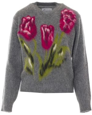 Maison Margiela Wool Sweater With Floral Motif - Gray