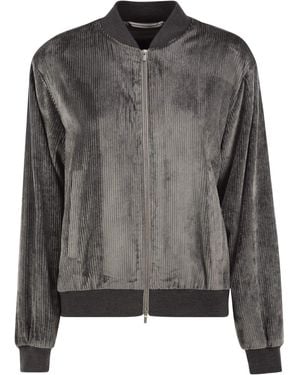 Peserico Stretch Corded Velvet Bomber Jacket With Silk Details - Black