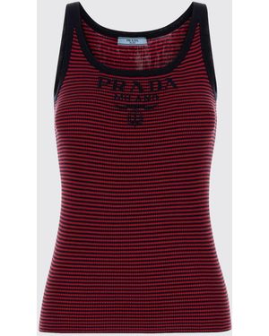 Prada Striped Silk Tank Top With Logo - Red