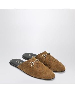 Gucci Suede Gg Mules With Horsebit Detail - Brown