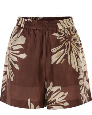 Brunello Cucinelli Silk Twill Shorts With Floral Print And Elasticated Waistband - Brown