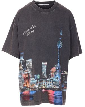 Alexander Wang T-Shirt With Thermo-Applied Rhinestones And Shanghai Skyline - Blue