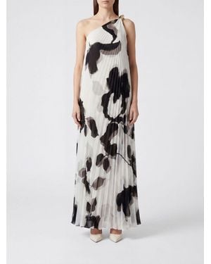 Max Mara One-Shoulder Floral-Print Chiffon Long Ceremony Gown - White