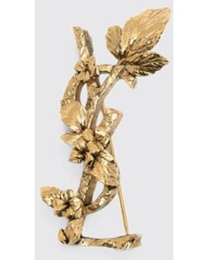 Saint Laurent Floral Brass Brooch With Ysl Monogram - White