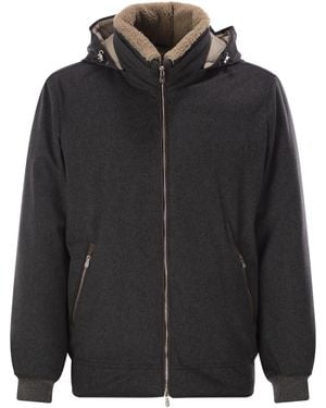 Brunello Cucinelli Membranated Wool Flannel Down Jacket With Shearling-Lined Collar - Black