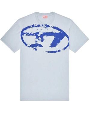 DIESEL Distressed-Effect T-Shirt With Flocked Logo - Blue