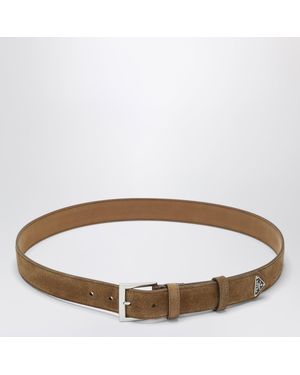 Prada Suede Leather Belt With Logo Plaque - Brown