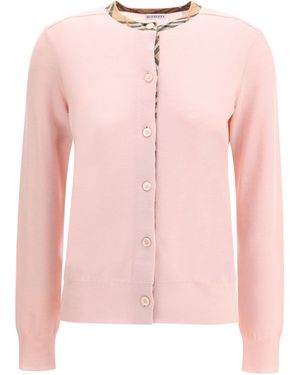 Burberry Check Collar Wool Cardigan - Pink