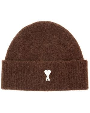 Ami Paris Beanie With Ami De Coeur Logo And Tech Fabric - Brown