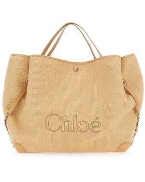 Chloé Chloã Clover' Tote Bag With Logo Lettering On The Front And Adjustable Chain Strap - Natural