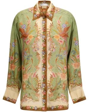 Zimmermann Shirt Indra Khaki Floral Silk - Metallic