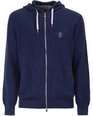 Brunello Cucinelli Ribbed Cotton Knit Hooded Sweatshirt - Blue