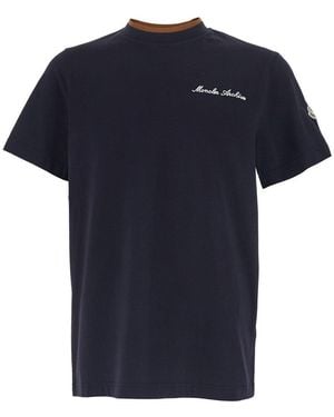 Moncler T-Shirt With Embroidered Logo On The Front And Logo Patch On The Sleeve - Blue