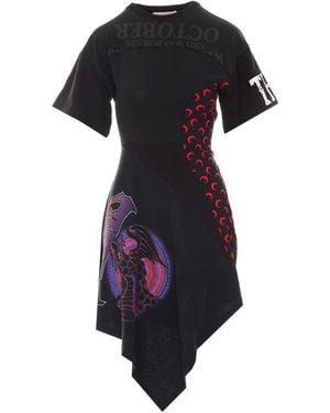 Marine Serre Asymmetrical Knee Length Dress With Moon, Gothic And Gecko Print - Black