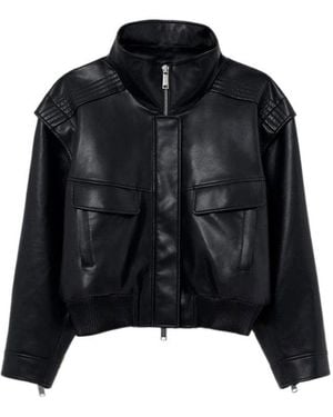 Self-Portrait Faux Leather Bomber Jacket - Black