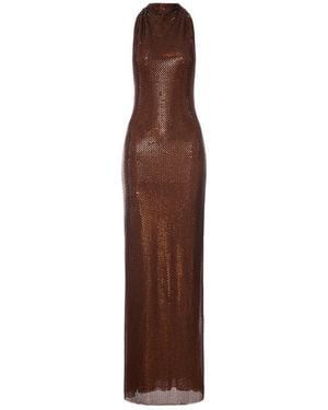 Self-Portrait Long Dress With Rhinestone And Halter Neckline - Brown