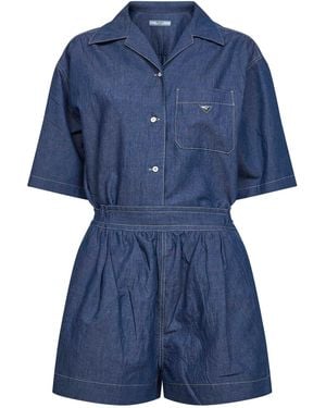 Prada Cotton And Linen Denim Detachable Playsuit - Blue