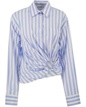 Sportmax Spxpalmizi – Cropped Striped Cotton Shirt With Front Draping - Blue
