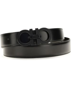 Ferragamo Reversible Adjustable Belt With Textured Gancini Buckle - Black