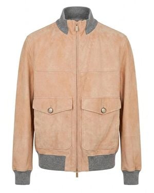 Brunello Cucinelli Suede Bomber Jacket With Thermore Padding - Natural
