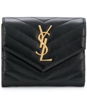 Saint Laurent Grain De Poudre Leather Cassandre Matelassé Compact Tri Fold Wallet Accessories - Black