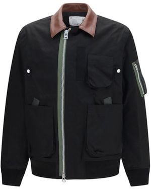 Sacai Cotton Bomber Jacket With Leather Details - Black