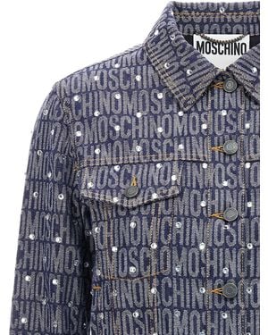 Moschino Cotton Denim Blend Jacket With Signature Logo Pattern - Blue