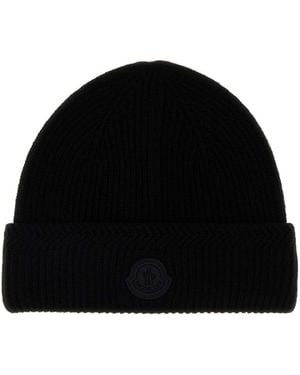 Moncler Wool Blend Beanie Hat - Black