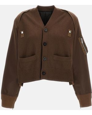 Sacai Nylon Twill X Cotton Knit Cardigan - Brown