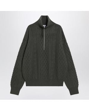 Loewe Khaki Wool Zip Sweater - Green