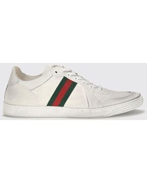 Gucci Stretch Low-Top Leather Sneakers With Web Detail And Distressed Effect - White